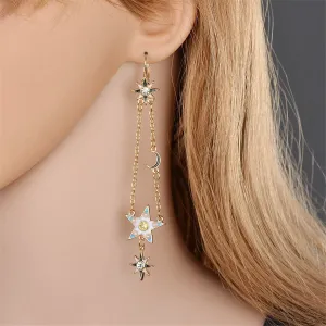 Cubic Zirconia & Enamel Pearl 18K Gold-Plated Moon & Star Drop Earrings