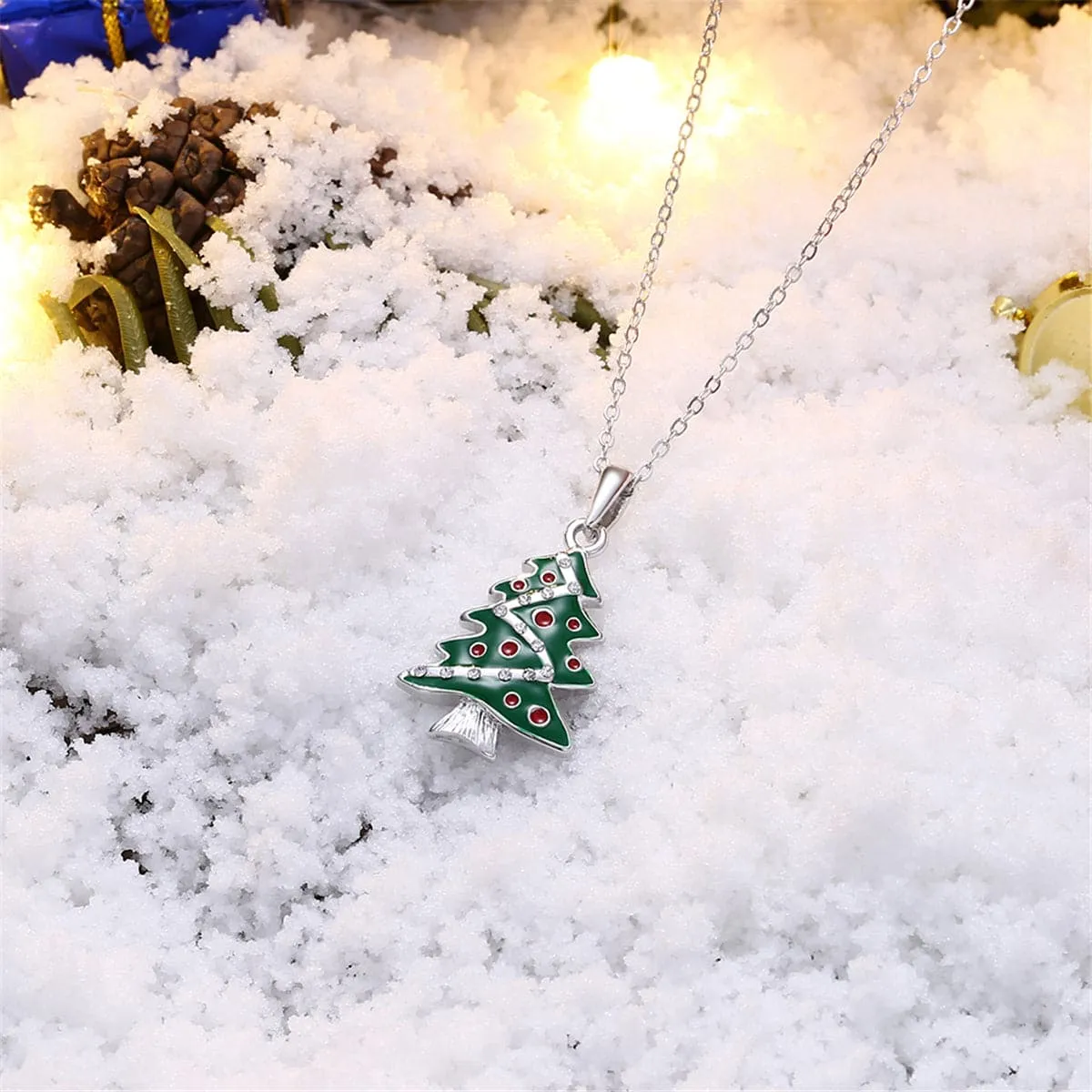 Cubic Zirconia & Enamel Silver-Plated Christmas Tree Pendant Necklace