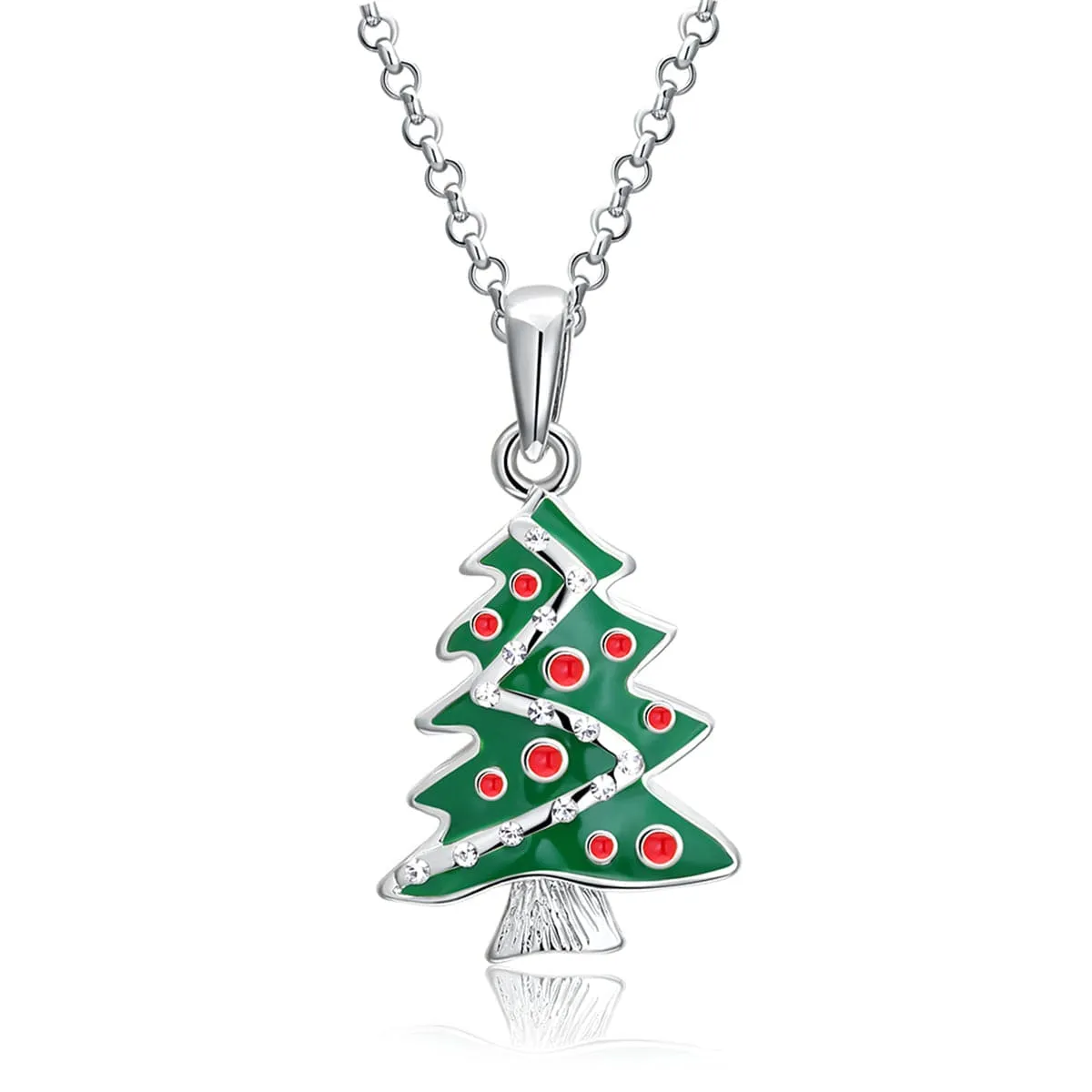 Cubic Zirconia & Enamel Silver-Plated Christmas Tree Pendant Necklace