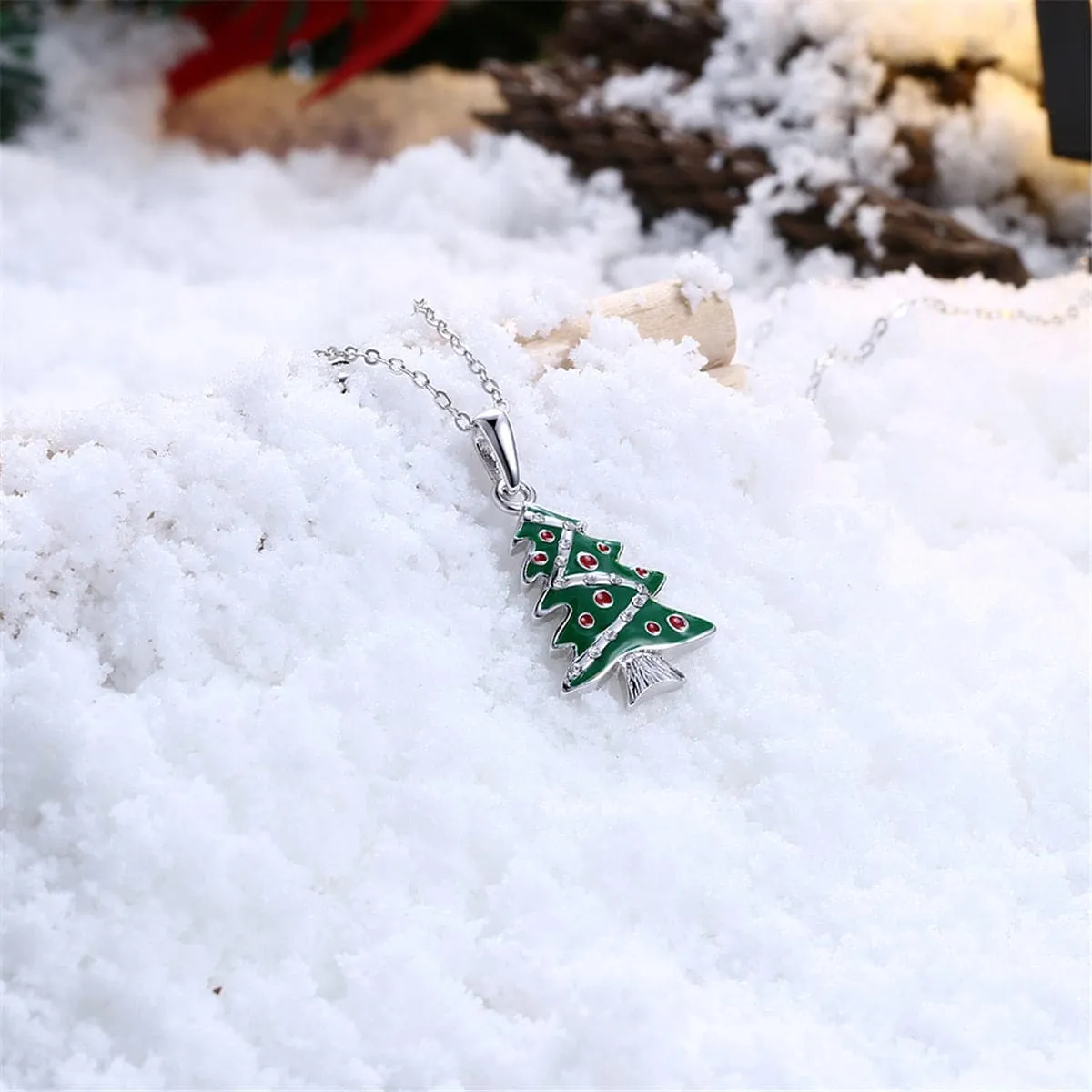 Cubic Zirconia & Enamel Silver-Plated Christmas Tree Pendant Necklace