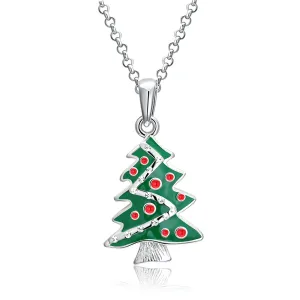 Cubic Zirconia & Enamel Silver-Plated Christmas Tree Pendant Necklace