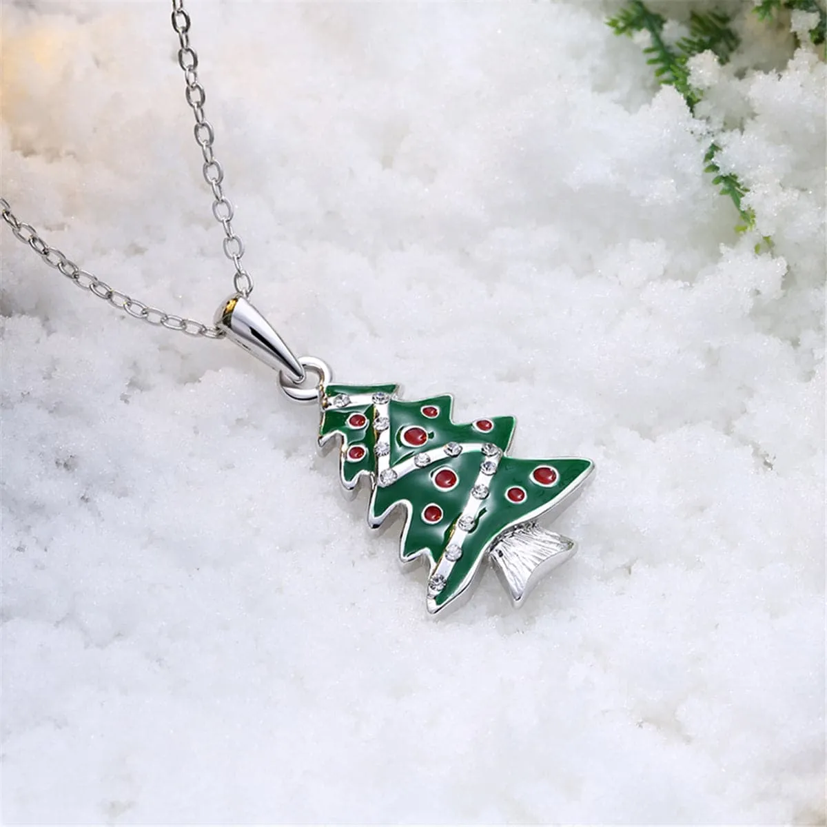 Cubic Zirconia & Enamel Silver-Plated Christmas Tree Pendant Necklace