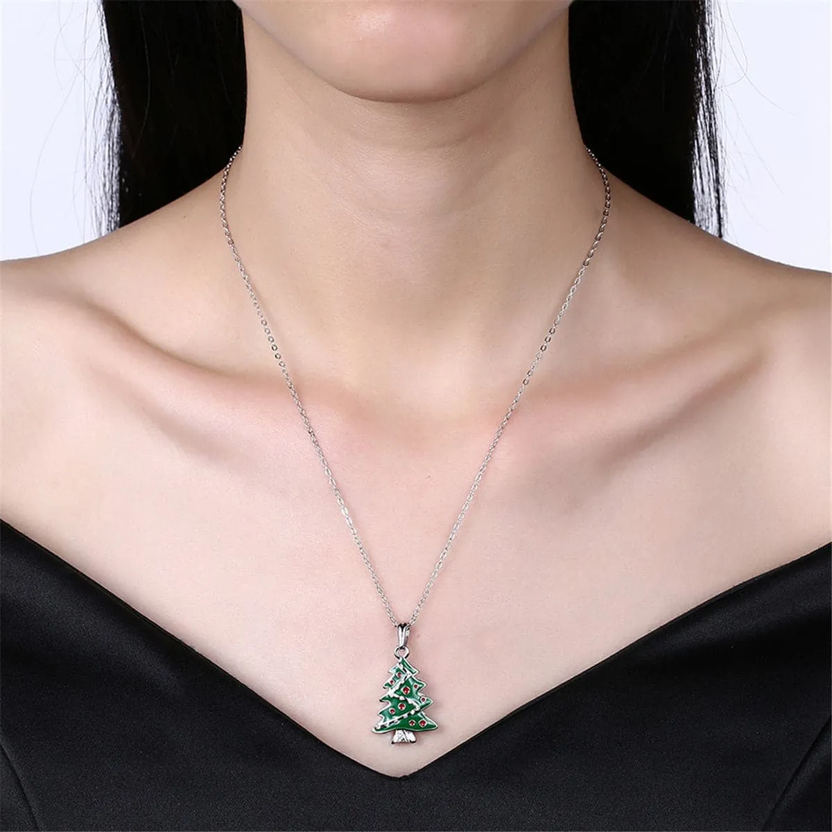 Cubic Zirconia & Enamel Silver-Plated Christmas Tree Pendant Necklace