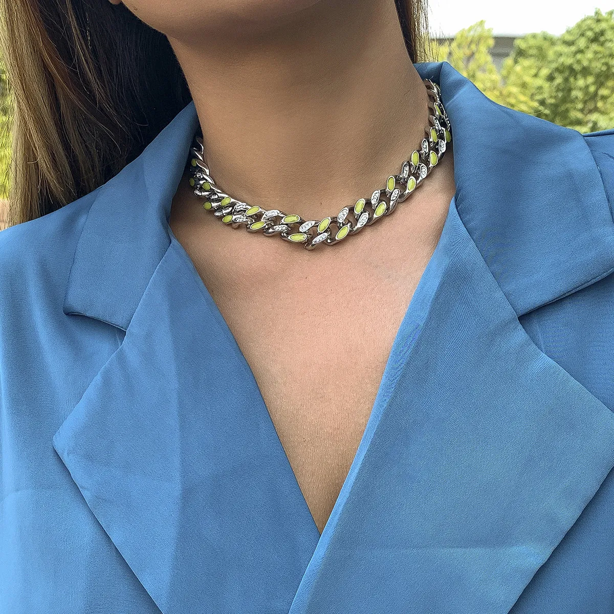 Cubic Zirconia & Enamel Silver-Plated Curb Chain Necklace