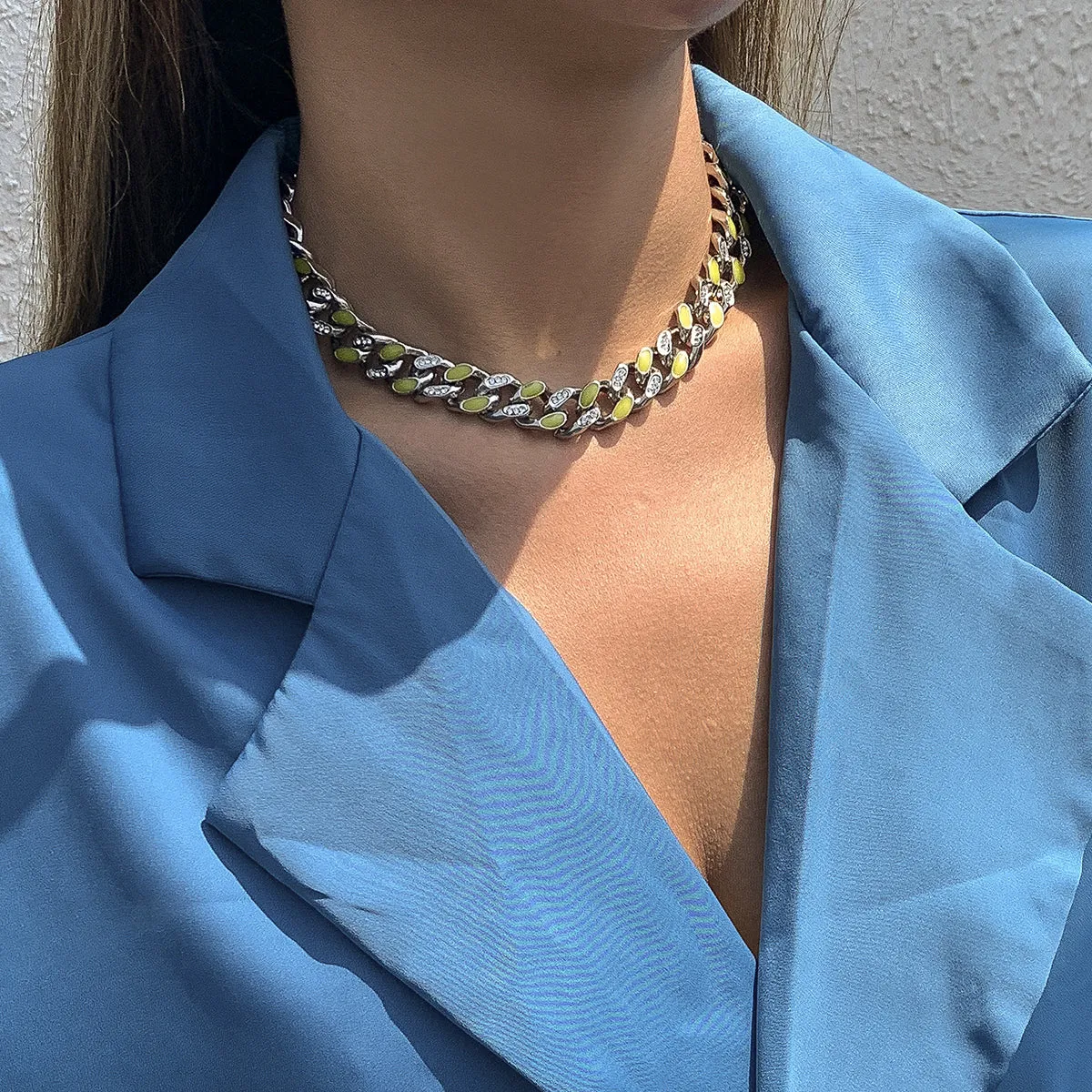 Cubic Zirconia & Enamel Silver-Plated Curb Chain Necklace