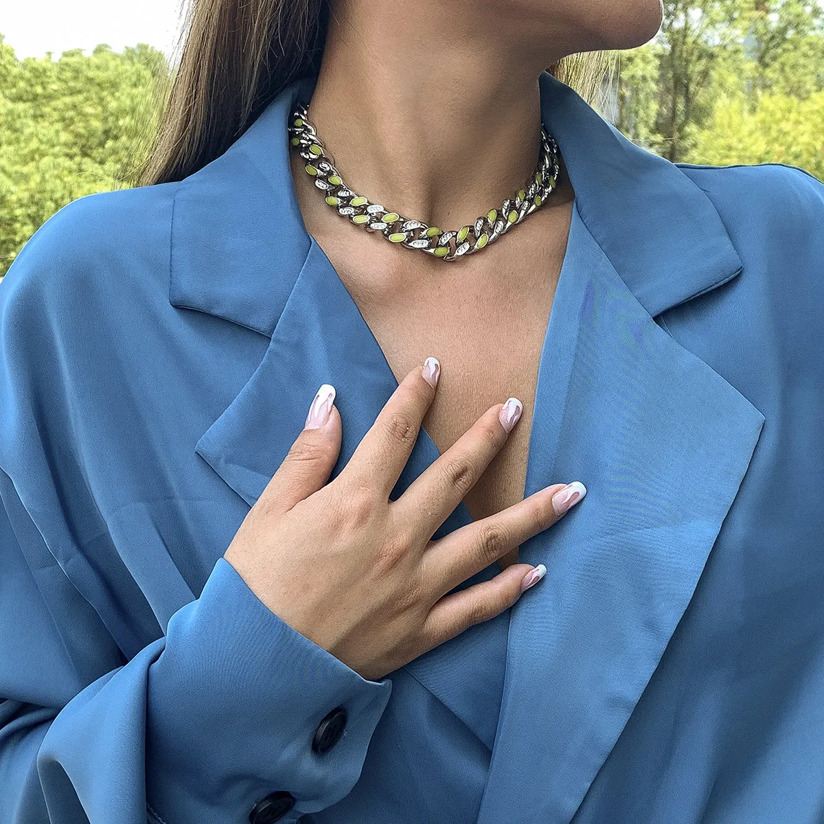 Cubic Zirconia & Enamel Silver-Plated Curb Chain Necklace