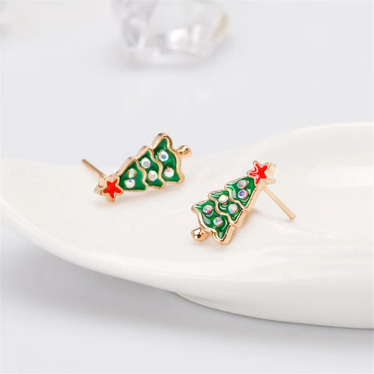 Cubic Zirconia & Green Enamel 18K Gold-Plated Christmas Tree Stud Earrings