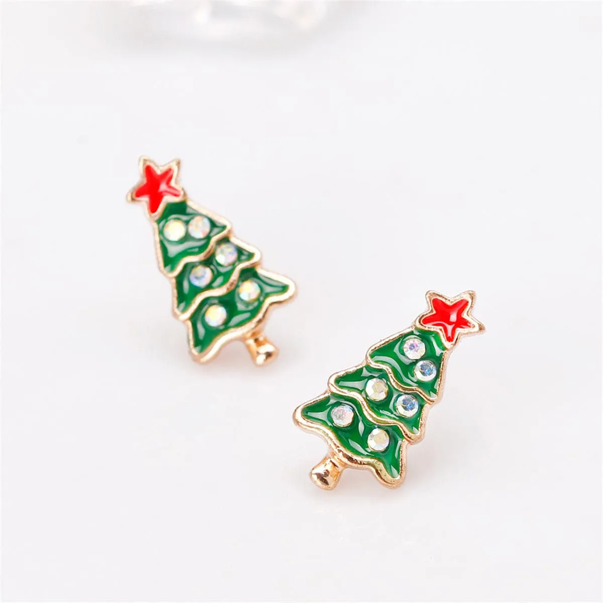 Cubic Zirconia & Green Enamel 18K Gold-Plated Christmas Tree Stud Earrings