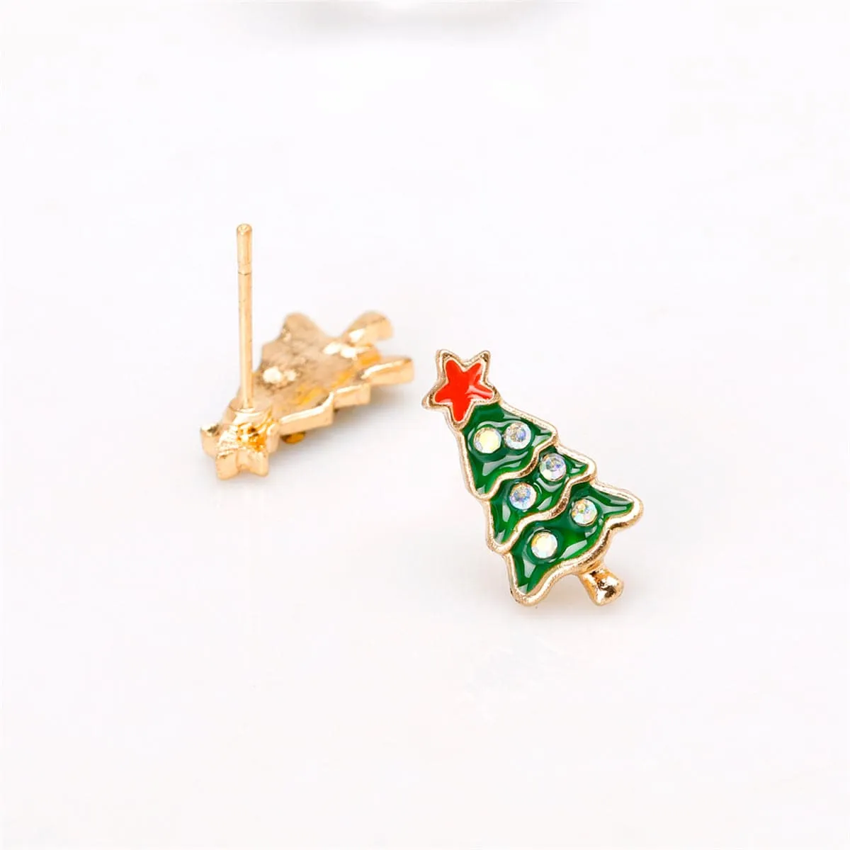 Cubic Zirconia & Green Enamel 18K Gold-Plated Christmas Tree Stud Earrings