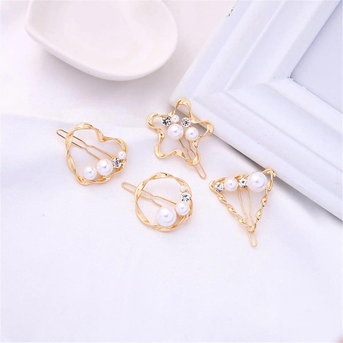 Cubic Zirconia & Pearl 18K Gold-Plated Four-Piece Hair Clip Set