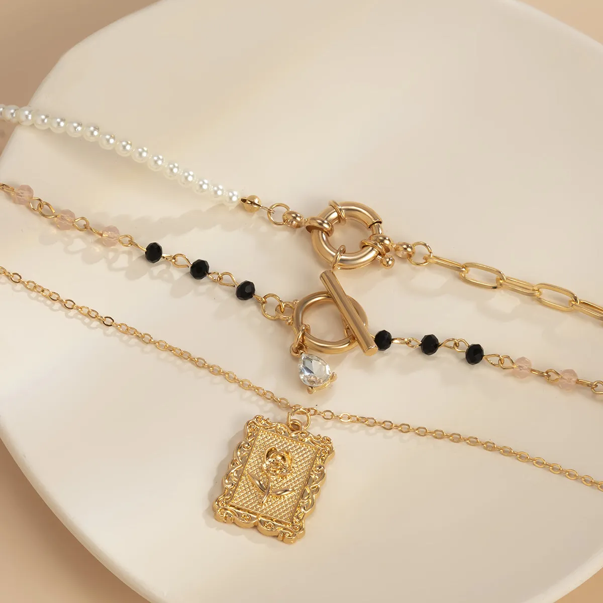 Cubic Zirconia & Pearl 18K Gold-Plated Rose Pendant Necklace Set