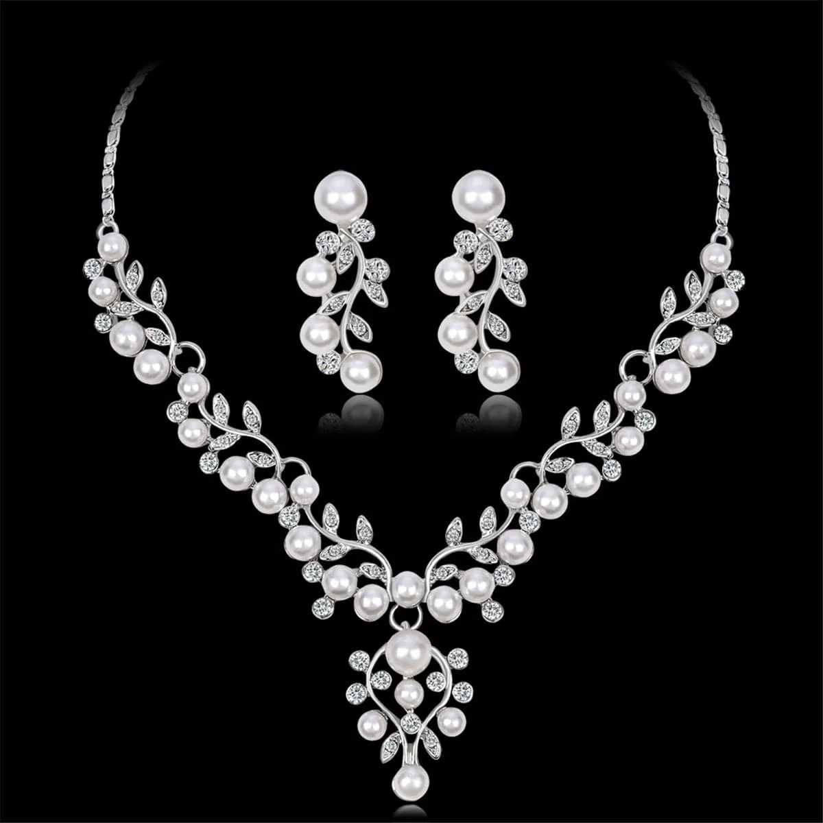 Cubic Zirconia & Pearl Cluster Rattan Drop Earrings & Statement Necklace
