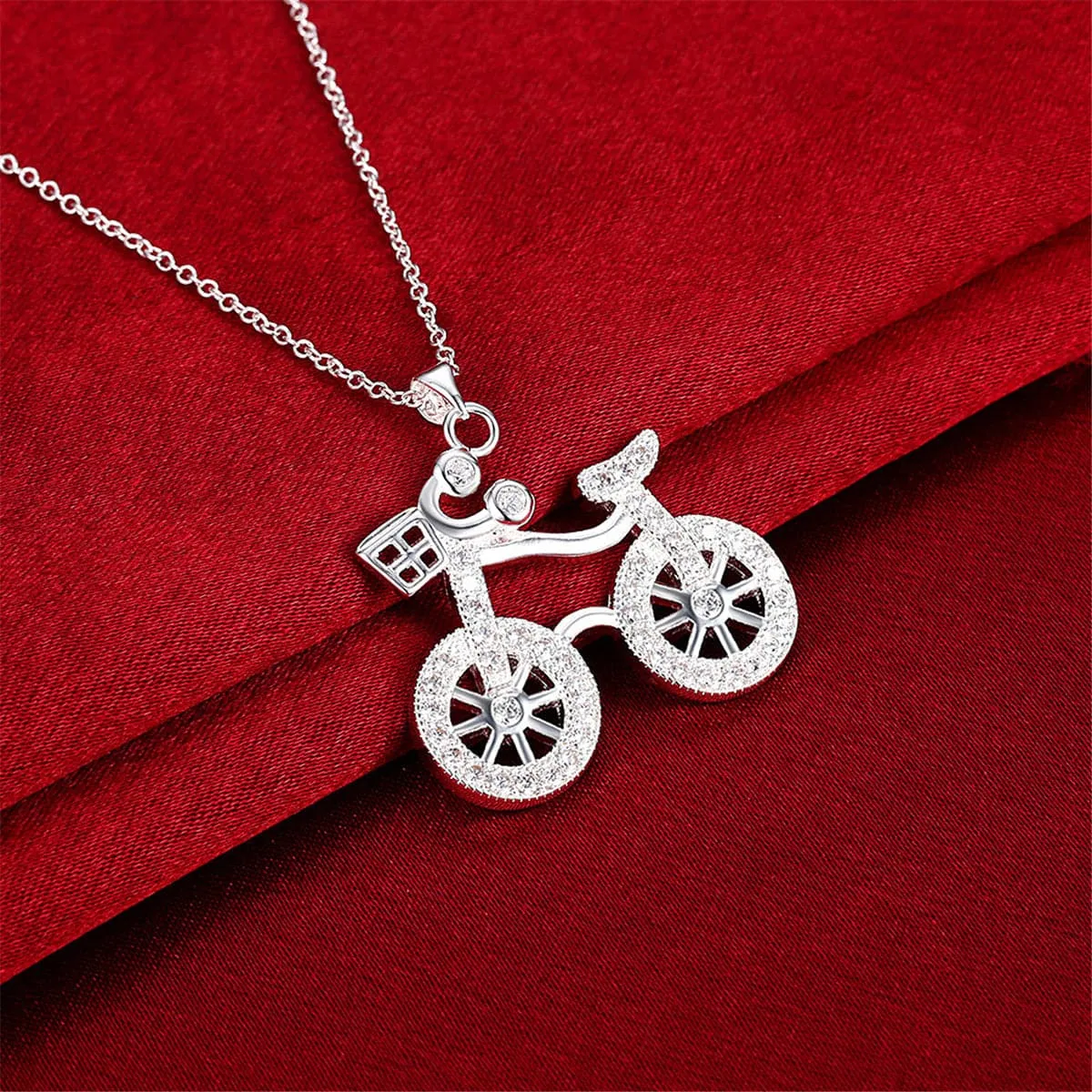Cubic Zirconia & Silver-Plated Bicycle Pendant Necklace