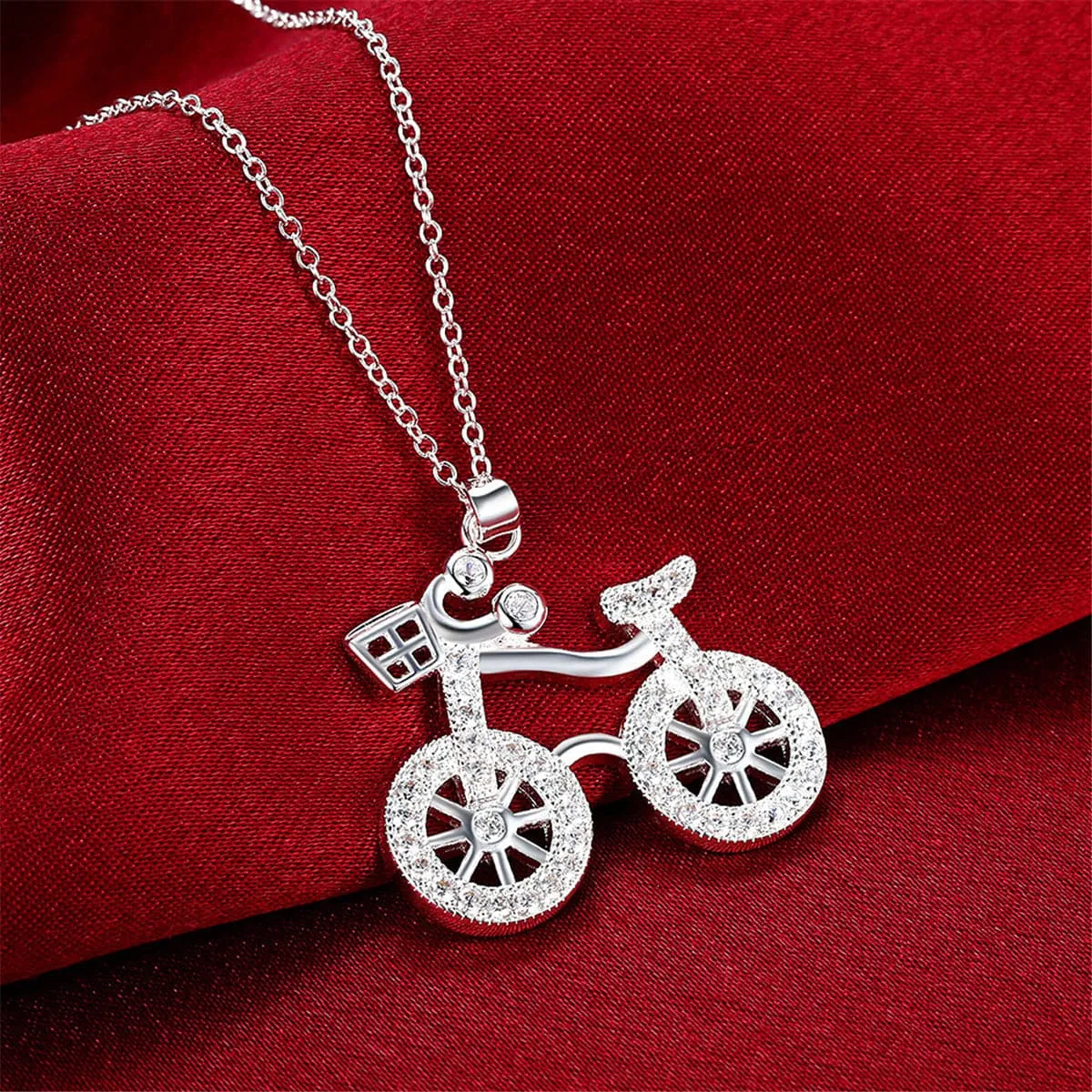 Cubic Zirconia & Silver-Plated Bicycle Pendant Necklace