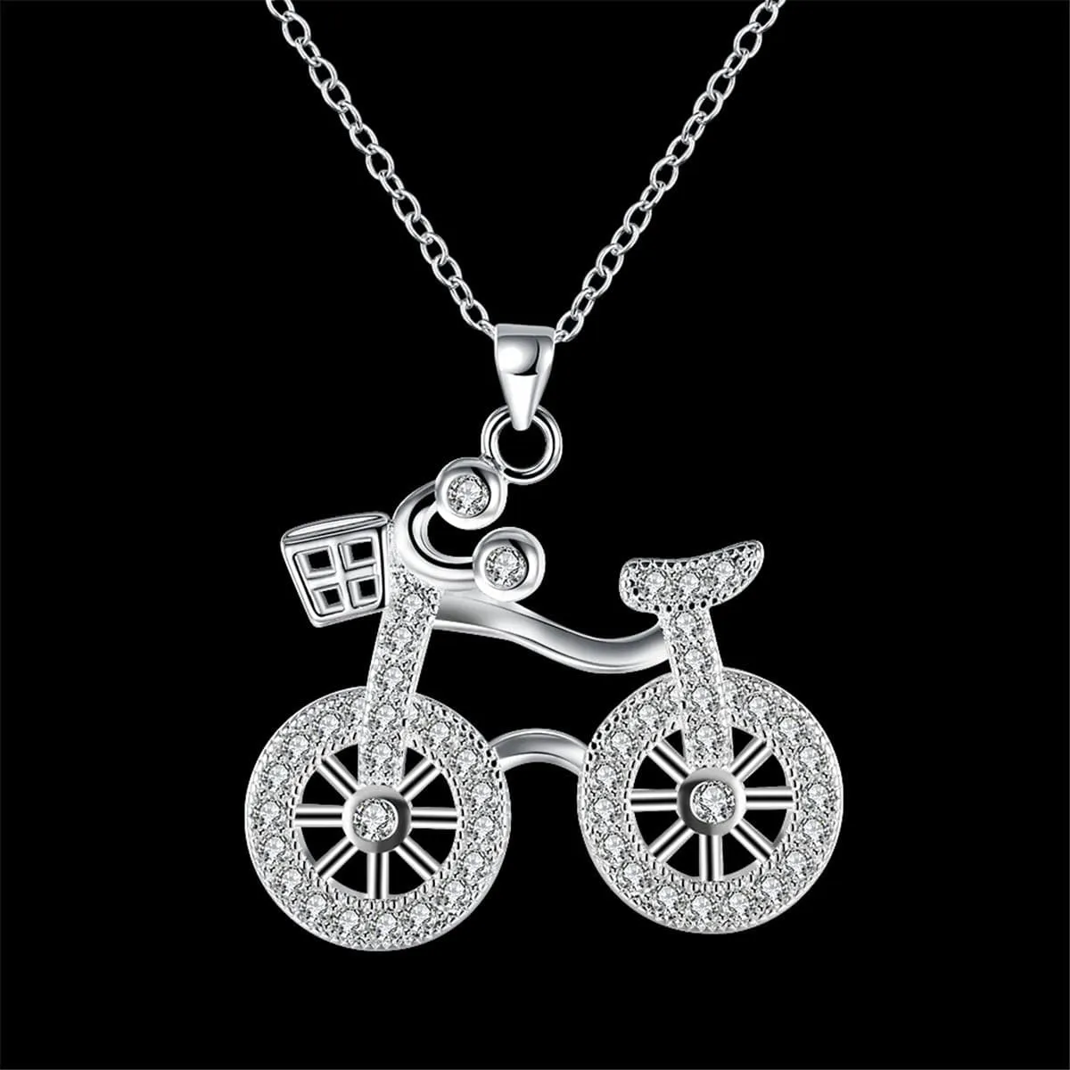 Cubic Zirconia & Silver-Plated Bicycle Pendant Necklace
