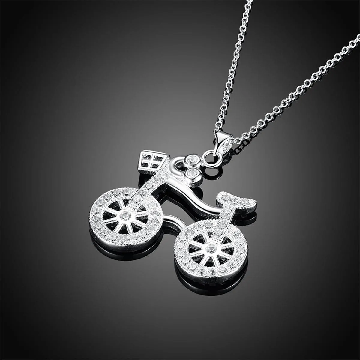 Cubic Zirconia & Silver-Plated Bicycle Pendant Necklace