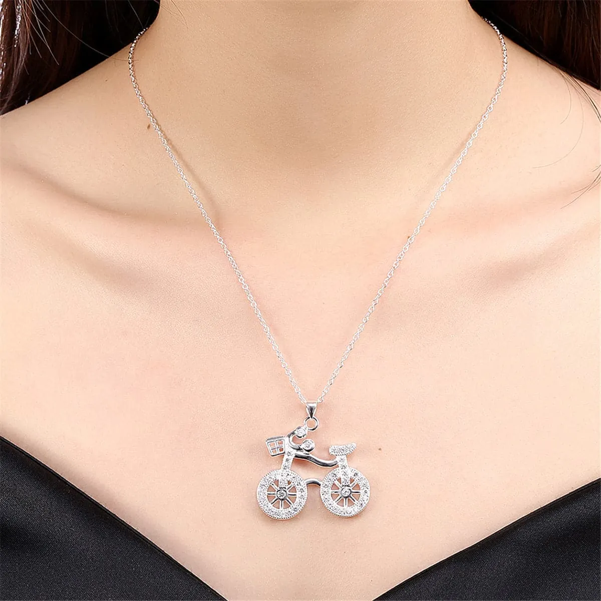 Cubic Zirconia & Silver-Plated Bicycle Pendant Necklace