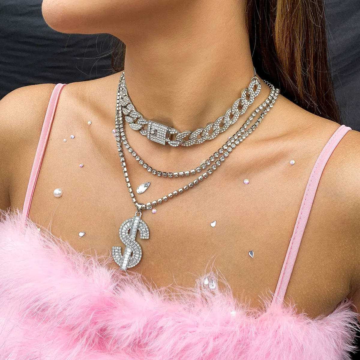 Cubic Zirconia & Silver-Plated Dollar Sign Pendant Necklace Set