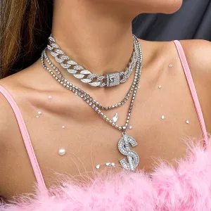 Cubic Zirconia & Silver-Plated Dollar Sign Pendant Necklace Set
