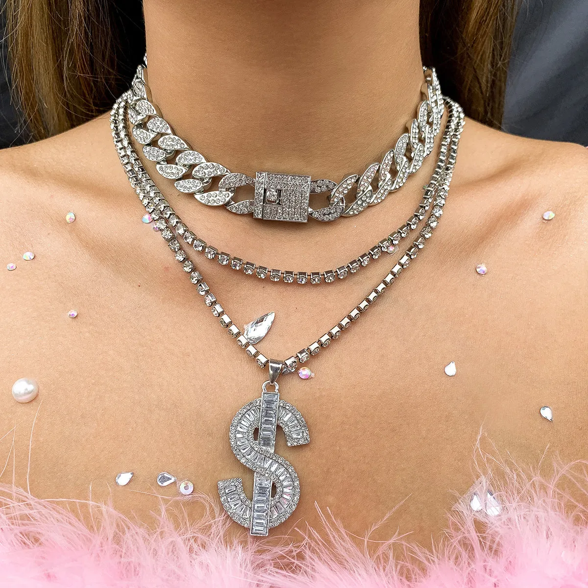 Cubic Zirconia & Silver-Plated Dollar Sign Pendant Necklace Set
