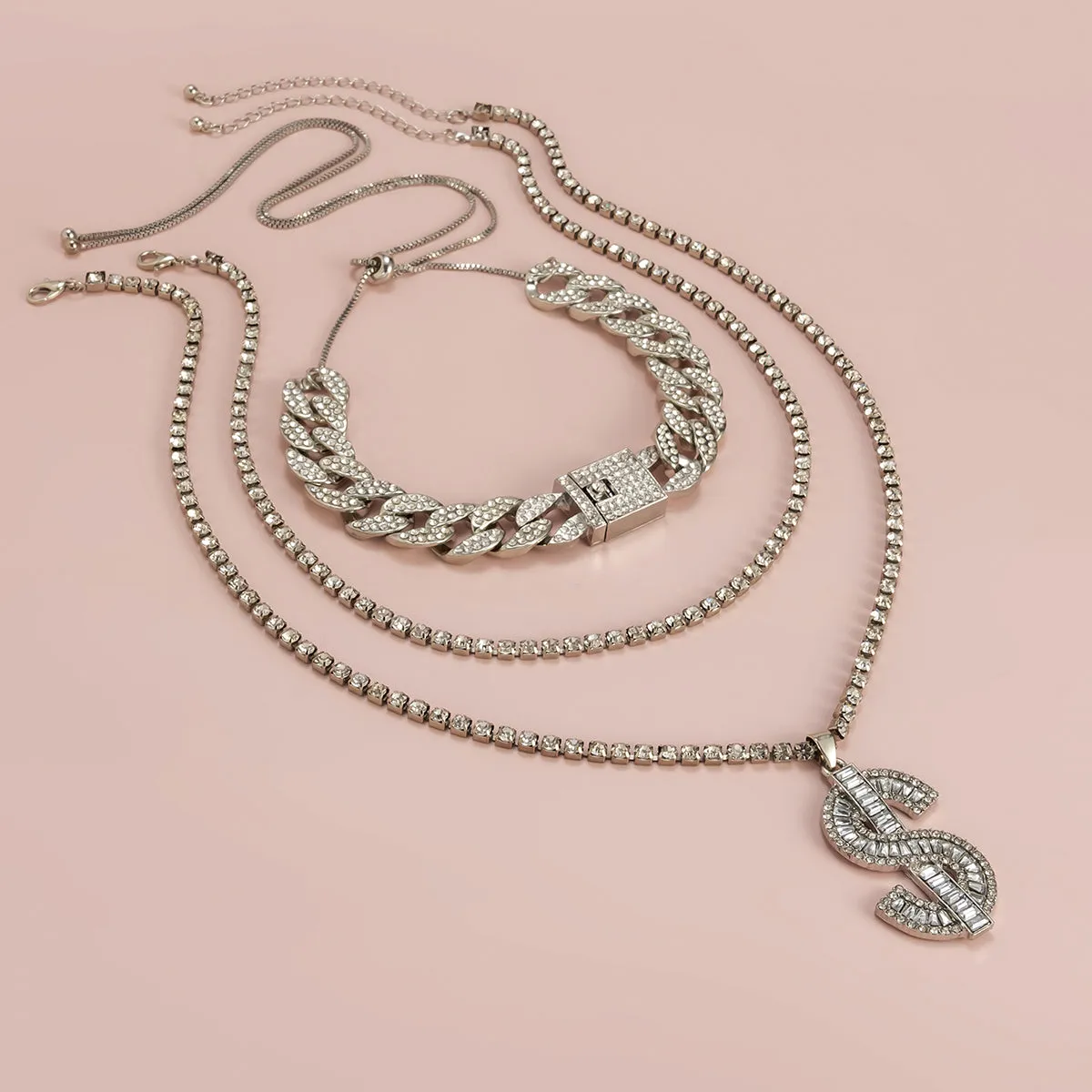 Cubic Zirconia & Silver-Plated Dollar Sign Pendant Necklace Set