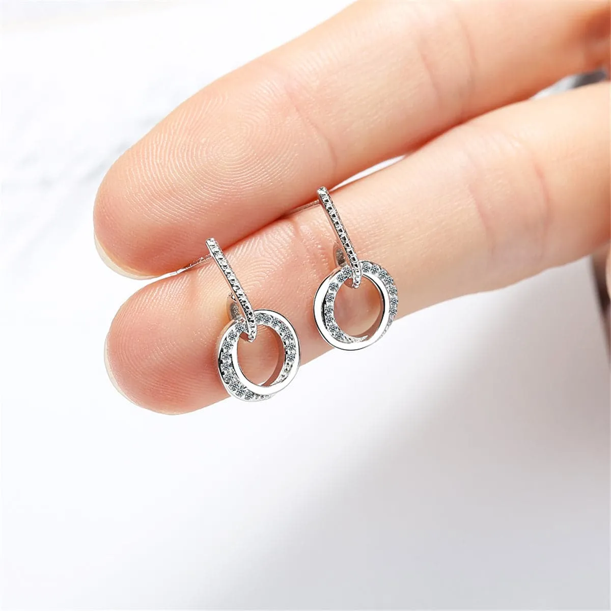 Cubic Zirconia & Silver-Plated Double-Circle Drop Earrings