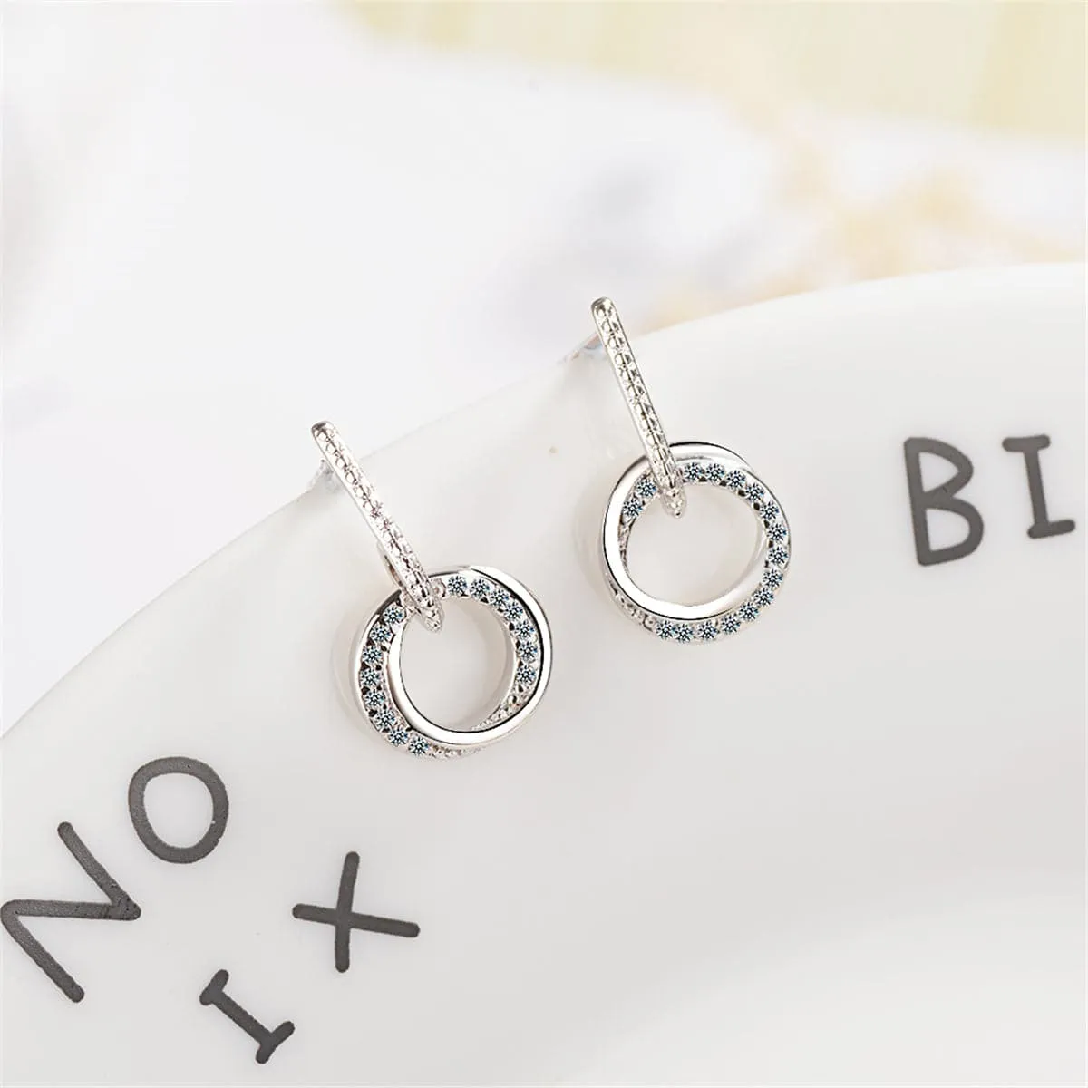 Cubic Zirconia & Silver-Plated Double-Circle Drop Earrings