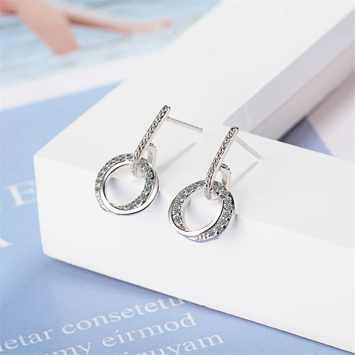 Cubic Zirconia & Silver-Plated Double-Circle Drop Earrings