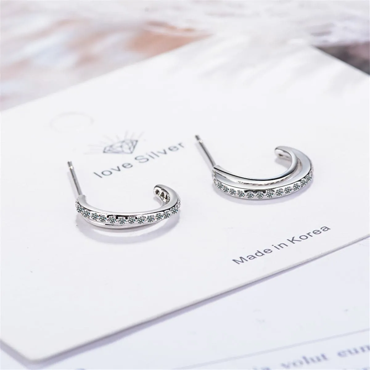 Cubic Zirconia & Silver-Plated Half-Circle Stud Earrings