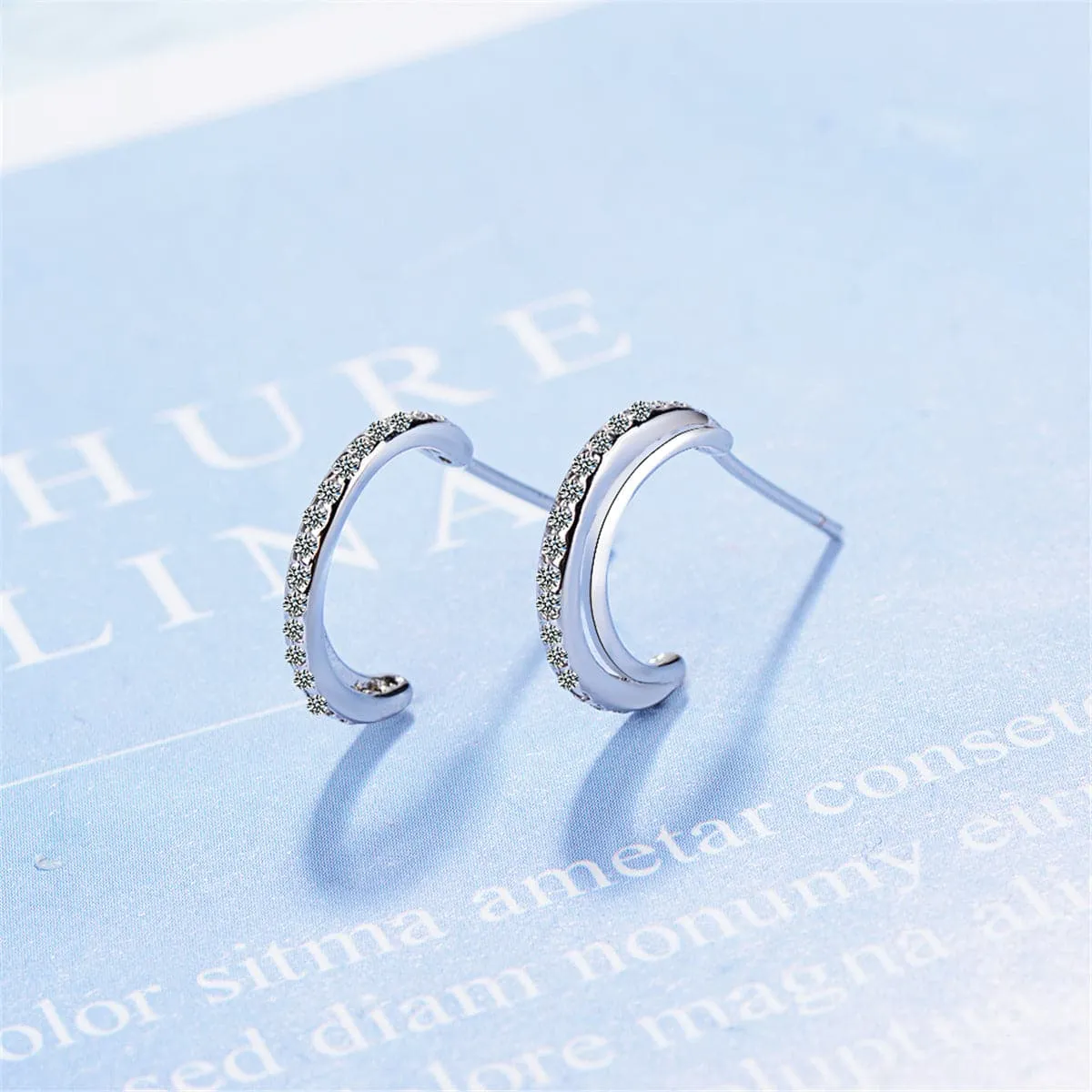 Cubic Zirconia & Silver-Plated Half-Circle Stud Earrings