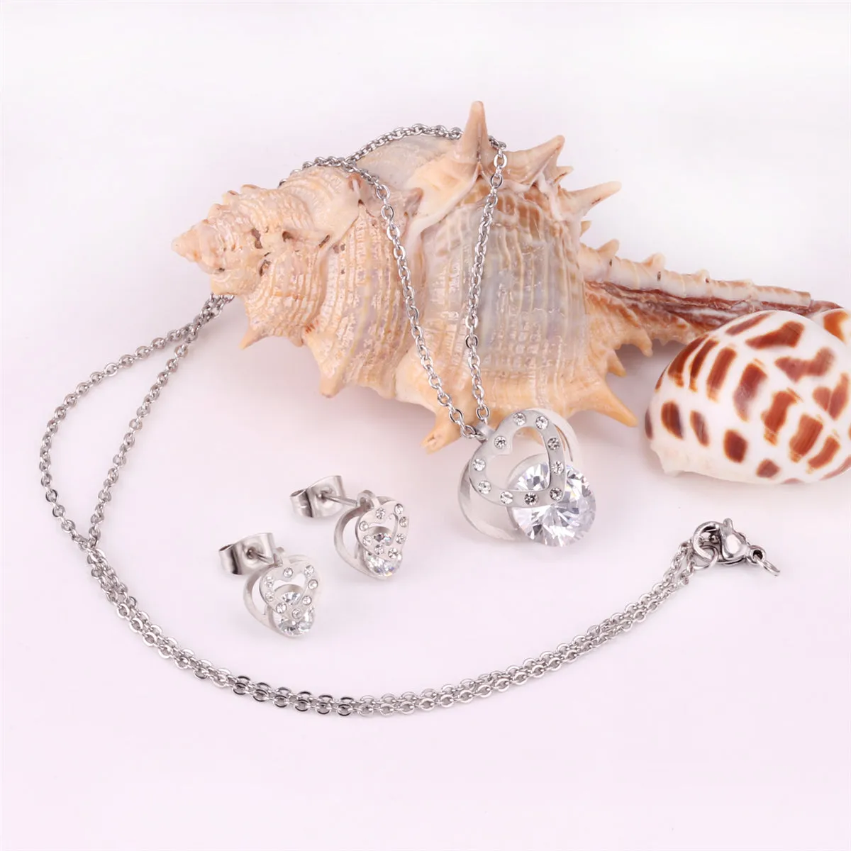 Cubic Zirconia & Silver-Plated Heart Pendant Necklace & Stud Earrings