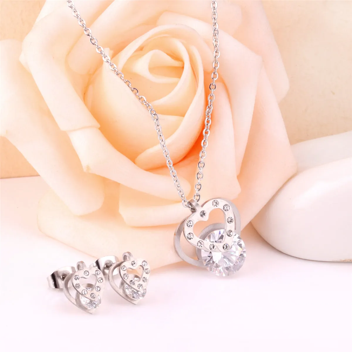 Cubic Zirconia & Silver-Plated Heart Pendant Necklace & Stud Earrings