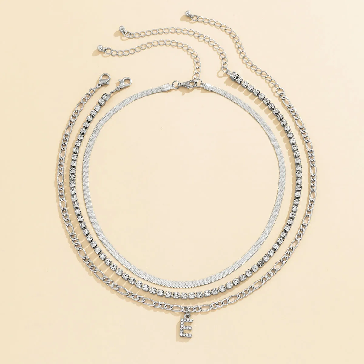 Cubic Zirconia & Silver-Plated Letter 'E' Chain Link Necklace Set