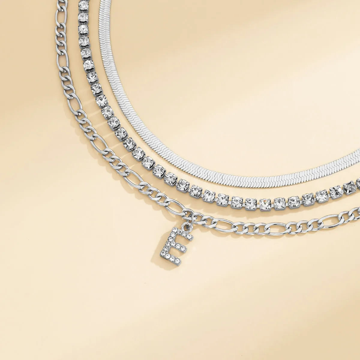 Cubic Zirconia & Silver-Plated Letter 'E' Chain Link Necklace Set