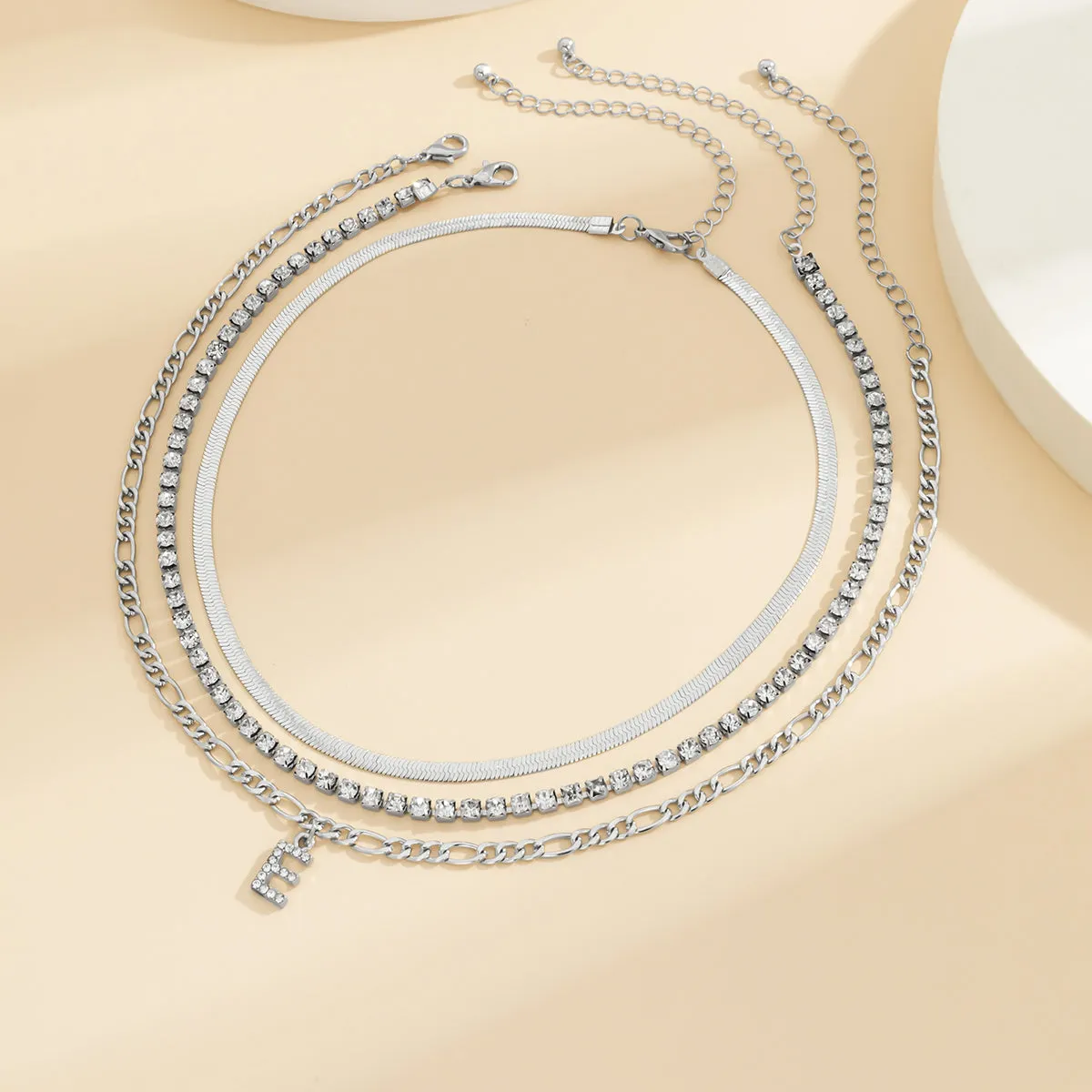 Cubic Zirconia & Silver-Plated Letter 'E' Chain Link Necklace Set