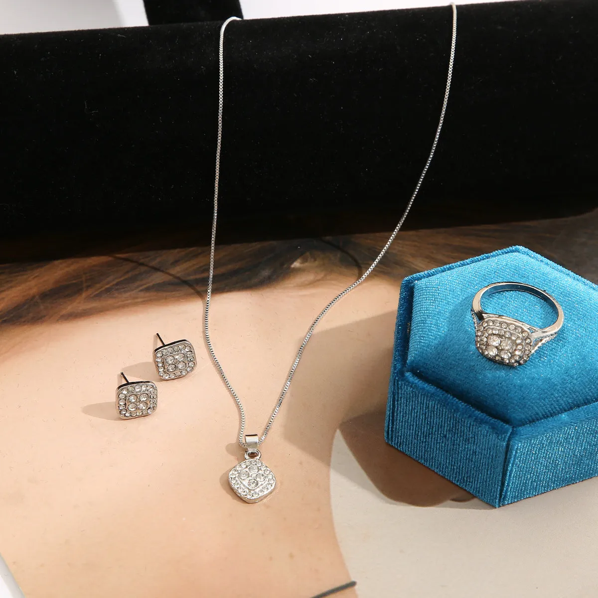 Cubic Zirconia & Silver-Plated Square Pendant Necklace Set
