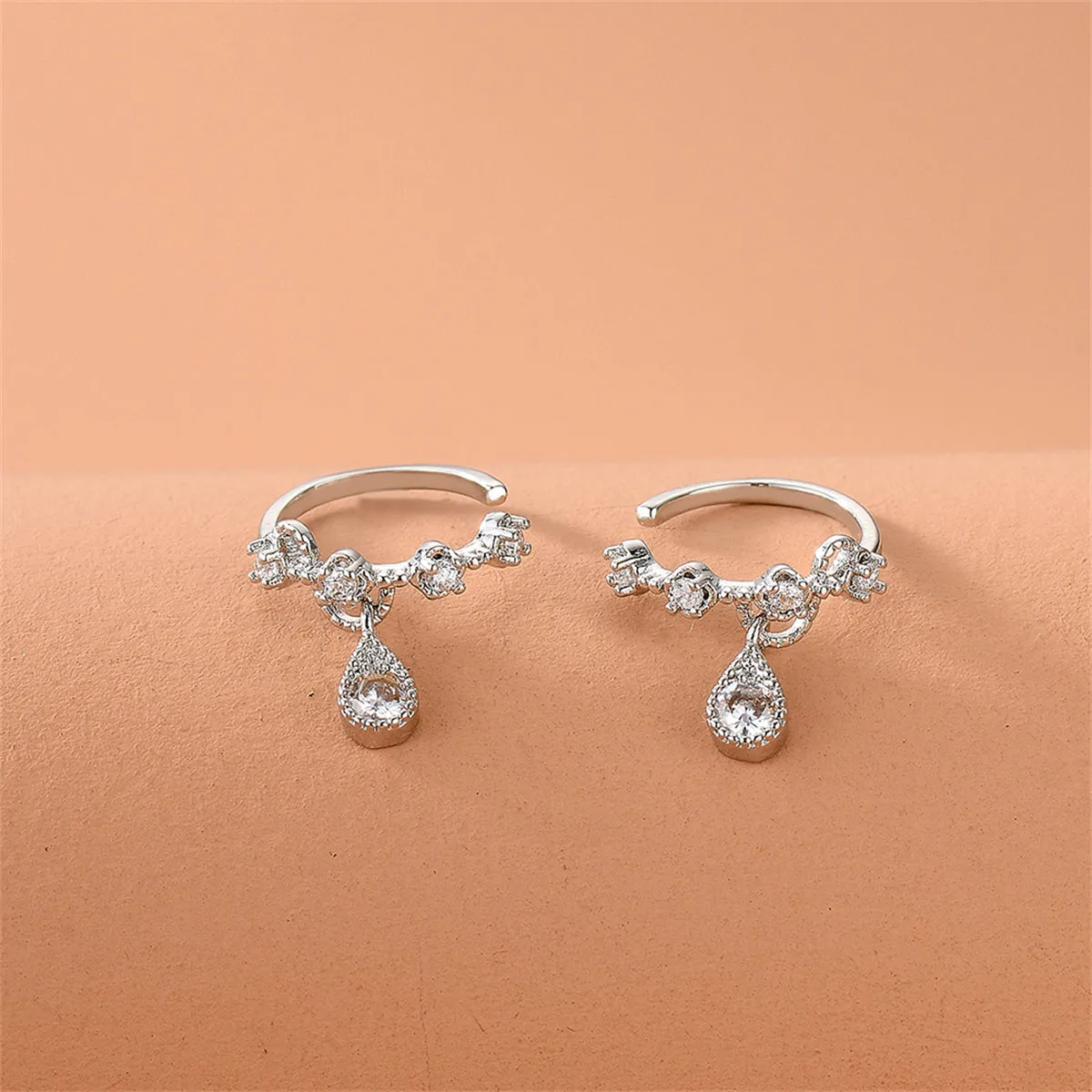 Cubic Zirconia & Silver-Plated Teardrop Dangle Ear Cuffs