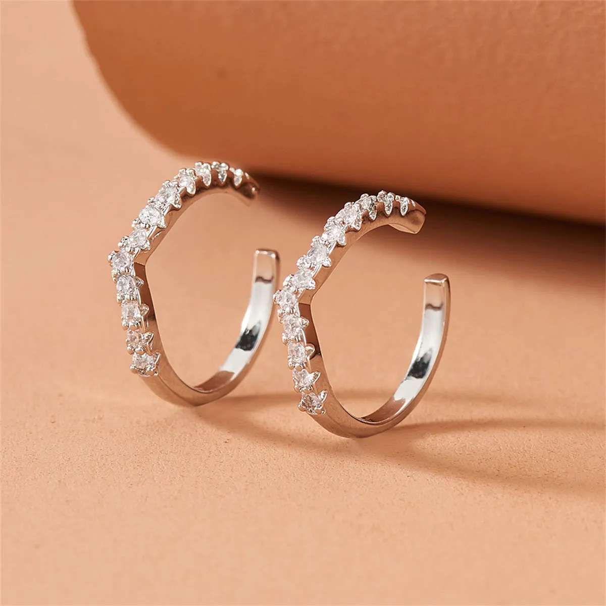 Cubic Zirconia & Silver-Plated V-Shape Ear Cuffs