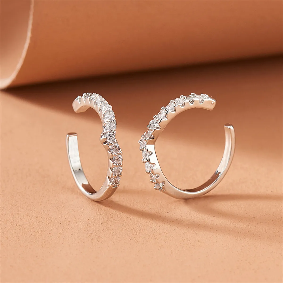 Cubic Zirconia & Silver-Plated V-Shape Ear Cuffs