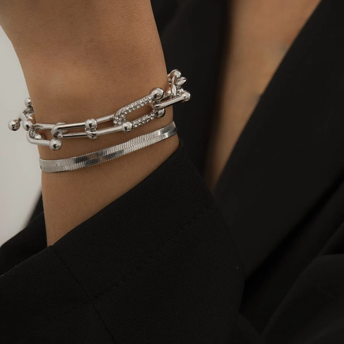 Cubic Zirconia & Silver-Plated Vachette & Snake Chain Bracelet Set
