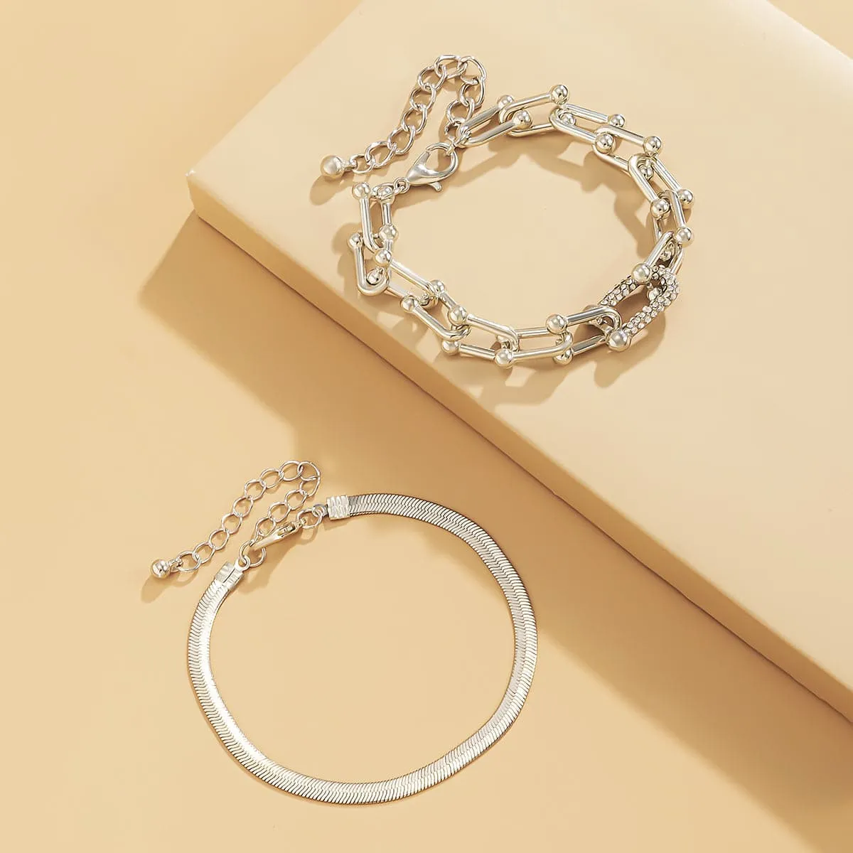Cubic Zirconia & Silver-Plated Vachette & Snake Chain Bracelet Set