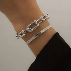 Cubic Zirconia & Silver-Plated Vachette & Snake Chain Bracelet Set