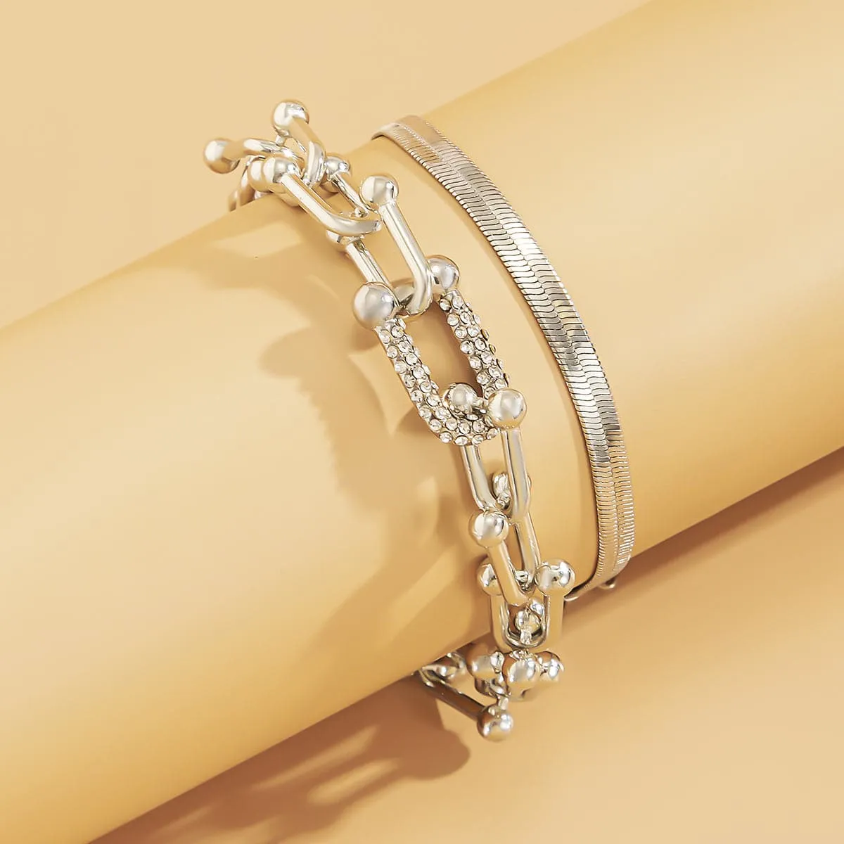 Cubic Zirconia & Silver-Plated Vachette & Snake Chain Bracelet Set
