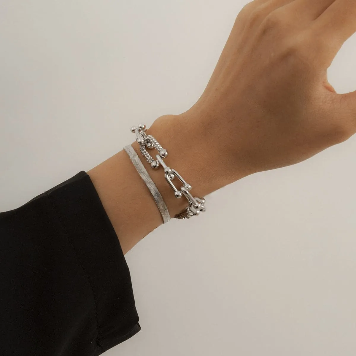 Cubic Zirconia & Silver-Plated Vachette & Snake Chain Bracelet Set