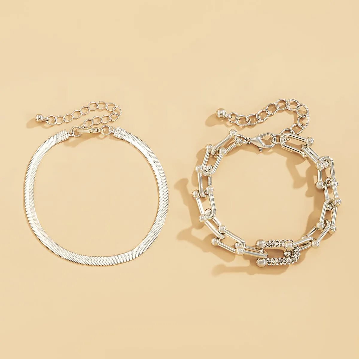 Cubic Zirconia & Silver-Plated Vachette & Snake Chain Bracelet Set