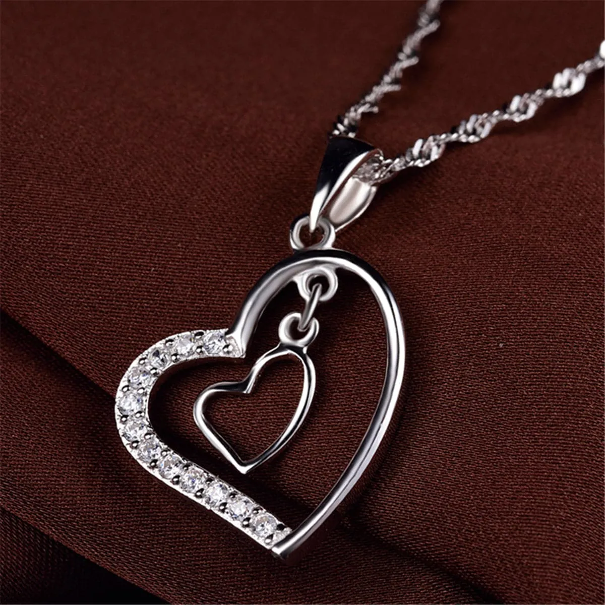 Cubic Zirconia & Sterling Silver Double Heart Pendant Necklace