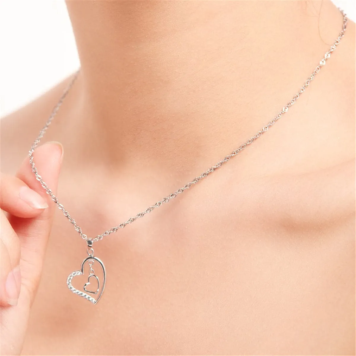 Cubic Zirconia & Sterling Silver Double Heart Pendant Necklace