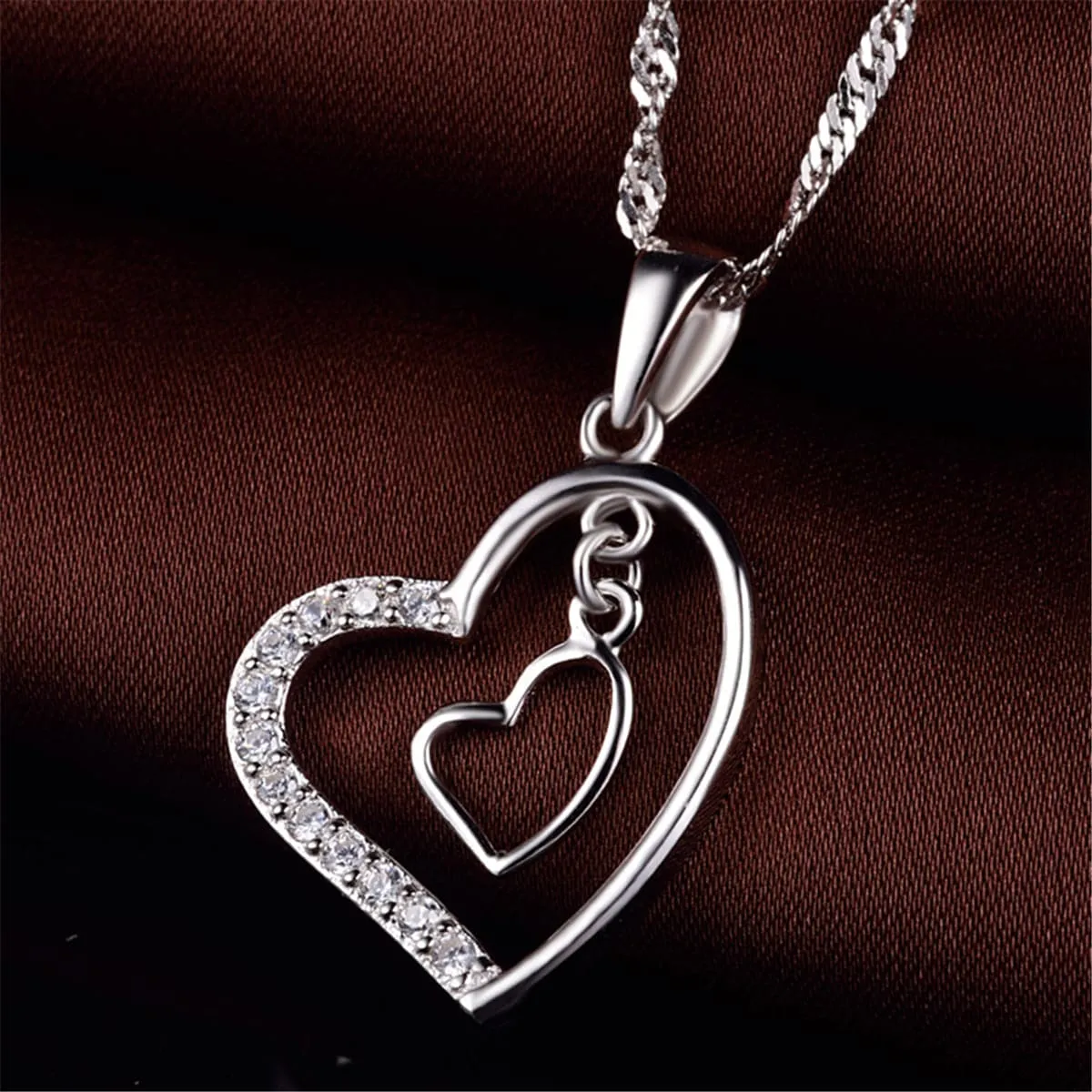 Cubic Zirconia & Sterling Silver Double Heart Pendant Necklace