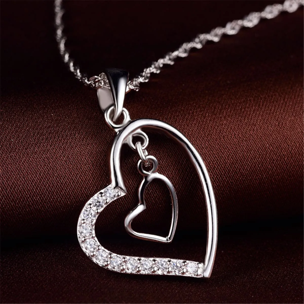 Cubic Zirconia & Sterling Silver Double Heart Pendant Necklace