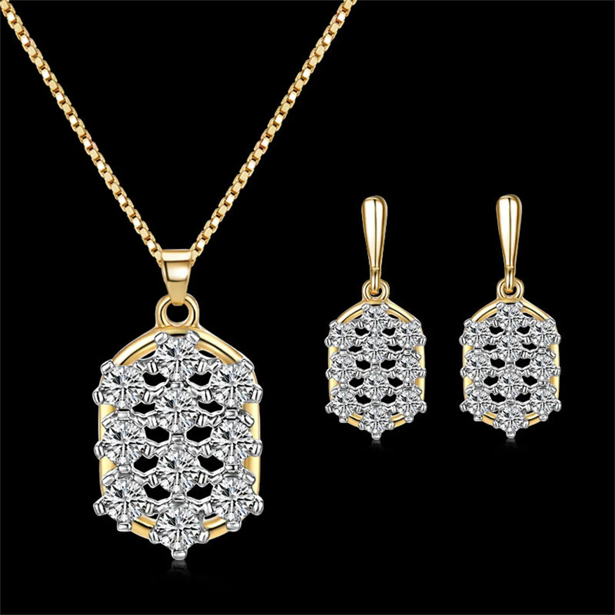 Cubic Zirconia & Two-Tone Oval Drop Earring & Pendant Necklace